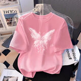 一寸相思粉色纯棉短袖夏季t恤女2025新款欧货宽松半袖体恤显瘦夏季上衣潮 粉色-流苏蝴蝶. XL 推荐125-145斤