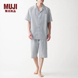 无印良品（MUJI）男式 无侧缝泡泡纱短袖睡衣男士家居服套装男款夏季纯棉全棉 藏青色条纹 M