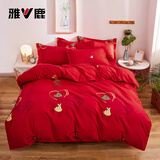 雅鹿磨毛四件套北欧风加厚床单被套单双人2.0米结婚庆大红色套件床品 爱相随【亲肤透气，柔软舒适】 1.8m床单款四件套/被套180*220cm