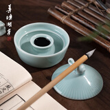 善琏湖笔陶瓷火锅砚台毛笔墨汁书法专用不干墨墨池墨碟笔搁笔洗文房四宝 多功能防蒸发保湿带盖