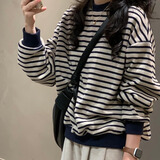 妙奕嘉卫衣女款2025新款卫衣外套秋季上衣女士宽松长袖t恤女外穿百搭 条纹圆领长袖套头卫衣【藏青色】 L 【建议105-120斤】