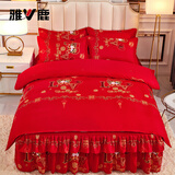 雅鹿纯棉结婚四件套100全棉床裙款大红新婚床单被套女儿婚房床上用品4 情定今生【加厚磨毛款】 床裙款 1.8m四件套-被套200x230cm