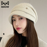 猫人帽子女士兔毛针织鸭舌帽冬天包头护耳加厚毛线盆帽户外保暖堆堆帽 米色 均码