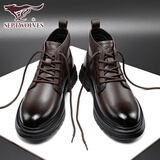 七匹狼休闲鞋男真皮马丁靴男夏季加绒工装靴男士休闲皮鞋英伦高帮靴子男 棕色（加绒） 41