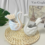 思米花创意可爱天鹅水果叉陶瓷不锈钢三齿点心叉甜品叉天鹅6水果叉套装 2套【白色】