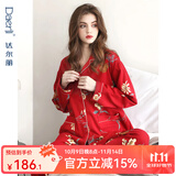 达尔丽睡衣女春秋季纯棉长袖薄款家居服套装本命年红国潮印花开衫可外穿 T895118-029-山茶花 XL :建议体重120-130斤