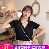 欧贝汐短袖t恤女春夏季女装韩版女士上衣针织v领缕空T恤女短款上衣 黑色 均码