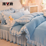 雅鹿冬季加厚牛奶绒四件套加绒保暖珊瑚绒被套法兰绒床单被罩床上用品 香香公主-浅蓝【加绒加厚】 1.8m 床单款 四件套-被套200*230cm
