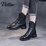 Vistline马丁靴女秋冬加绒保暖加厚短靴女时尚妈妈鞋增高显瘦牛皮舒适短靴 黑色加绒 36