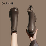 达芙妮洋气小短靴冬季加绒瘦瘦靴粗高跟皮鞋增高切尔西女靴子 棕色 36