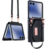 VIETAO三星zFlip7手机壳折叠屏插卡钱包式手机壳新款全包防摔Flip6日韩时尚腕带手提手机保护壳 黑色 三星 zFlip7