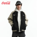 可口可乐（Coca-Cola） PU皮夹克男美式刺绣春秋款外套毛呢棒球服女 黑色 M