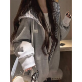 鲁雅尔拼接格子开衫连帽卫衣女春秋季宽松慵懒风外套韩版百搭潮流上衣服 灰色 常规 L