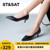 星期六（St&Sat）女鞋石头纹羊皮革通勤浅口猫跟单鞋 黑色（皮面） 37