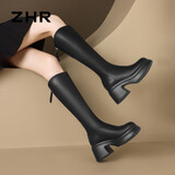 ZHR靴子女冬季韩版粗高跟长筒靴女加绒保暖骑士靴女 JF97A 黑色 36 