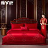 雅鹿婚庆四件套纯棉大红色浪漫结婚床上用品刺绣全棉床单被套高端中式 嫁娶 红 1.8m床 床单款 四件套-被套200*230cm