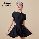 李宁（LI-NING）泳衣女士连体裙式游泳衣保守大码遮肚温泉泳装 0781 黑红 XXXL 