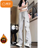 棉致美式登山防水显瘦工装冲锋裤子女秋冬季新款宽松直筒休闲裤女加绒 灰色【JRK48加绒高品质31】 M 80-105斤