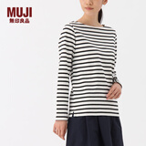 无印良品 MUJI 女式 粗棉线条纹长袖T恤 白色*横条 L