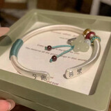 老凰祥平安喜乐纯银999手镯女复古年轻款古法实心足银镯子送女友 平安喜乐手镯开口绿绳+蝴蝶结吊