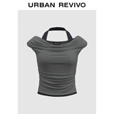 UR2026春季新款女装简约气质一字领挂脖褶皱短袖T恤UWJ450133 深灰花灰 M