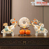 赟娅平安喜乐财福大象客厅玄关电视柜摆件高档办公室家居乔迁新居礼品 米黄平安喜乐对象+平安对扣