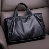 Cohnim kevin奢侈品头层牛皮男士公文包手提电脑文件单肩斜跨包送男友生日礼物 【细腻羊皮】黑色A203【顺丰速运】 大包14英寸