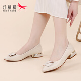红蜻蜓【牛皮女鞋】夏季单鞋尖头高跟鞋女透气皮鞋浅口船鞋舒适职业女鞋 米白【四季款单鞋】WFB233882 37