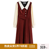 独束大码女装假两件撞色衬衫领连衣裙女秋冬微胖mm文艺复古穿搭裙子 勃艮第红【适合160左右】 L