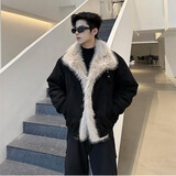 宾迪肯（BINDIKEN）座山雕皮毛一体棉服男款冬季新款设计美式翻领棉袄加绒加厚外套 黑色 M （90-115斤）