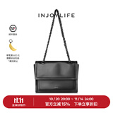 INJOYLIFE流浪包小众软皮通勤包机车大容量单肩包双链条女包牛皮方包 黑色