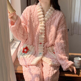 依善屋舍珊瑚绒睡衣女加厚加绒秋冬季新款韩版冬天女士保暖开衫家居服套装 KMN6082 XL 码建议125-140斤