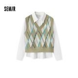 森马（Semir）长袖衬衫女冬季菱形格V领短背心易打理衬衣俏皮学院风两件套 白咖色调00315 L