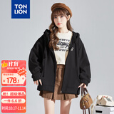 唐狮（TonLion）2025针织外套女休闲卫衣开衫连帽上衣 加绒款/黑色 XL