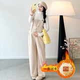 依鎏衣品秋冬新款纯棉灯芯绒加绒保暖孕妇装背带裤宽松直筒吊带裤毛衣套装 杏色单件背带裤 请选择正确码数