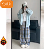 棉致毛呢格子裤子女秋冬季新款宽松阔腿高腰运动休闲卫裤加绒 687蓝色【加绒高品质】 L 100-120斤