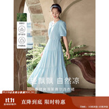 茵曼（INMAN）法式连衣裙女夏季显瘦遮肚灯笼袖抽绳收腰公主长裙子 绀蓝色 S 