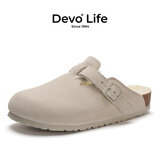 Devo的沃软木包头勃肯鞋毛毛拖鞋加绒内里半包半拖休闲情侣鞋66001 米白反绒皮+羊毛 37 （建议正码正拍）