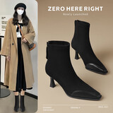 ZHR靴子女冬季增高显瘦细跟短靴女方头拼接时尚女靴 Y1007A 黑色 37 