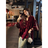 三吉黑花【黛光山】抓皱烫金民族风丝绒衬衫 深红 L