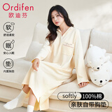 欧迪芬睡裙女睡衣女士100%纯棉带胸垫长袖翻领简约可外穿家居服L