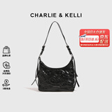 CHARLIE&KELLI CK品牌包包女包褶皱油蜡皮半月包时尚腋下包2025新款单肩斜挎包 黑色【京仓配送 品牌礼袋】
