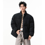 主野（ZHU YE）棉衣男冬季加厚PU皮棉服男潮日系短款面包服棉袄立领外套宽松冬装 黑色 2XL