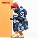 鸭鸭25新款冬装男童中长款羽绒服宝宝小童儿童印花加厚外套 藏青 130