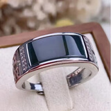 KZD老凤凰999纯银和田玉碧玉指环霸气绿玉髓男士戒指镶嵌玉石指环 男款黑宝石JZ212 开口可调节