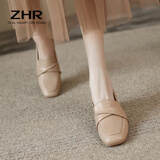 ZHR乐福鞋女一脚蹬真牛皮粗跟单鞋懒人鞋方头舒适英伦皮鞋女BL66杏38