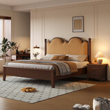 百达费迪中古风全实木美式软包床复古胡桃木色双人床主卧大床高箱储物婚床 床+天鹅绒乳胶两用床垫+床头柜*2 1.5m*2m(框架款)