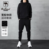 西域骆驼（VANCAMEL）卫衣套装男春秋连帽运动上衣长裤青年男士休闲两件套 黑色 XL 