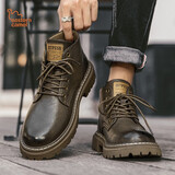 东方骆驼牛皮马丁靴男2025秋季新款男鞋中帮复古工装潮鞋子男士皮靴 卡其系带【四季款】 42