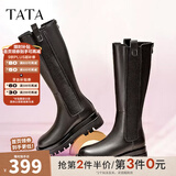 他她（TATA）厚底长筒靴女靴英伦加绒保暖骑士靴高筒靴秋冬新WXK02DG3 黑色(单里) 37